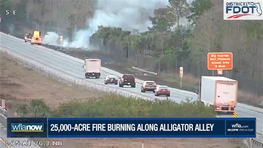 MASSIVE FIRE: A 25,000-acre fire burning along Alligator Alley exploded in size Tuesday, causing visibility concerns for drivers. https://www.wfla.com/news/florida/watch-satellite-captures-25000-acre-wildfire-at-south-florida-swamp-preserve/ | WFLA News Channel 8