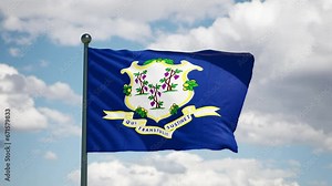 Connecticut state waving flag. USA Close up American CT flag flutters in the wind. Cloudy sky background. Realistic 3d render cgi.