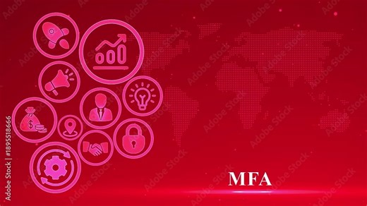 MFA Business Icons with World Map and Text on Red Background multi-factor authentication security