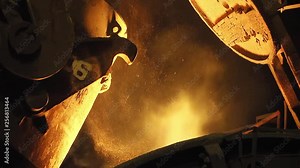 The process of pouring iron into the converter. Steel production at a metallurgical plant.
