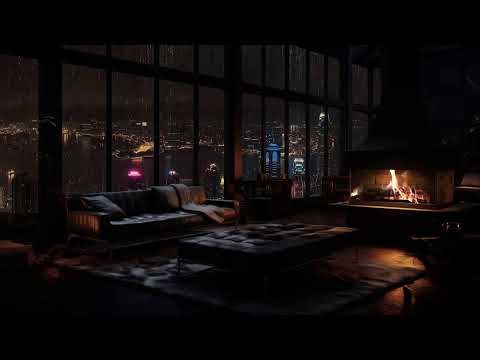 Relax & Sleep – Rain on Window, Crackling Fire & Midnight City Views 🌧️🔥🌙