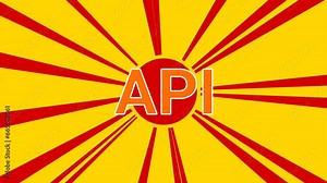 Api symbol on the background of animation from moving rays of the sun. Large orange symbol increases slightly. Seamless looped 4k animation on yellow background