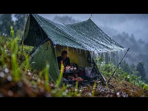 Camping in Heavy Rain - Safe, Warm & Cozy Inside the Tent (4K ASMR)