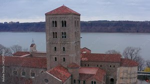 The Cloisters at Fort Tryon Park on Manhattan island, New York. Aerial rising