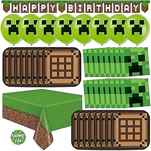 Minecraft Birthday Decorations - Serves 16 | Party Supplies: Minecraft Balloons, Birthday Banner, Plates, Tablecover, Napkins, Stickers