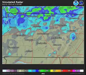 Here's our latest thinking on timing of showers and thunderstorms today with a model simulated radar loop. Some isolated showers/storms will sneak in this morning, but most of the activity is expected during the afternoon and evening. Some storms may be strong, with some gusty winds possible during the afternoon/early evening, but heavy rain and some localized flooding will be the main focus for today. Areas that have seen heavy rain over the past few days as well as locations that see a few rou