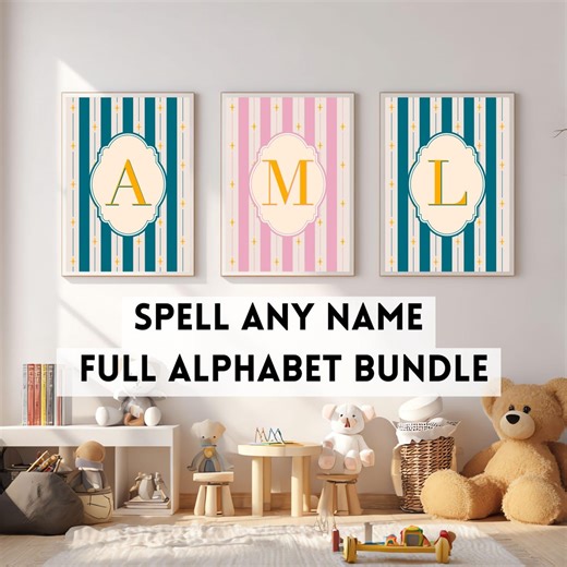 Full Alphabet Kids Initial Wall Art Bundle, Nursery Name Letters Printable Set, Retro Kids Room Decor, Pink & Teal Alphabet,instant Download - Etsy