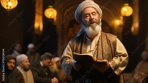 A storyteller in traditional Arabian attire reciting tales from the "One Thousand and One Nights