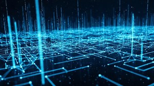 A Stunning Visual Representation of Digital Connectivity and Network Data Flow, Portraying a Dynamic Web of Light and Structure in a Dazzling Bluish Terrain | Premium Stock Video Footage