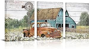 Farmhouse Canvas Wall Art Framed Landscape Painting Teal Old Barn Rustic Country Farm Decor Picture for Bedroom Living Room Ready to Hang Size 12"x16"x3 (002)