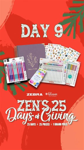 Zen's 25 Days of Giving continues with Week 2 featuring our friends bloom daily planners, Chartpak Factory Store, Shop ARL, maruman.usa, and Sourcebooks!🎁 Bring on the festive fun, follow our friends, and from December 9th-14th, enter daily for a chance to win Zebra Pen products, planners, journals, notebooks, and more to make the season extra merry and bright! Click the link to enter now and stay tuned for more prizes to come: https://www.zebrapen.com/pages/25-days-of-zen Prize list in the com