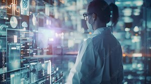 Woman in Lab Coat Viewing Computer Screen, Depict the role of digital health platforms in connecting patients with personalized healthcare services