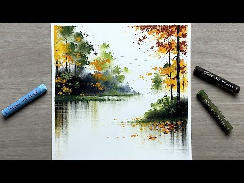 How to draw a forest autumn scenery using oil pastels - full drawing tutorial