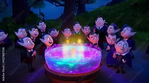 Cartoon vampires in cute outfits gathering around a giant animated cauldron for a spooky Halloween feast. Stock Video