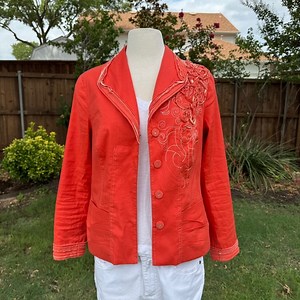 💖 Coldwater Creek Coral Linen-Blend Embroidered Lined Jacket