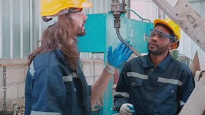 Two engineer man working with machine robot automatic together at factory, technician maintenance and improvement while examining ai of robot and control with remote, industry and innovation concept.