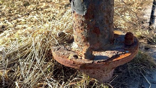 Corroded Metal Post Base Sits Amid Dry Grass, Flanged Plate And Bolt Remnants Showing Heavy Pitting And Oxidation Weathered Surface, Peeling Paint And Earth Tones Create Melancholic.