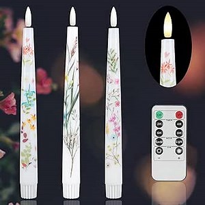 Spring Flameless Taper Candles with Flowers, 9.6" Real Wax LED Candles with Remote, 3 Pack Flickering Candlesticks Battery Operated, Fake Candle for Home, Wedding, Party