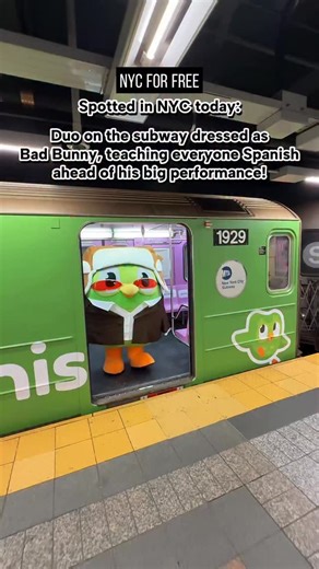 Spotted in NYC today: Duo on the subway dressed as Bad Bunny, teaching everyone Spanish ahead of his big performance! @Duolingo came to ~NUEVA YoL~ for something special: they took over a subway train in NYC w/ @outfrontmediausa. It’s big. It’s green. It’ll be entirely in Spanish. Duo is at Grand Central Times Square Station on January 16, to help people keep up their Spanish lessons in the New Year - especially past Quitter’s Day. After all, there’s a really big performance that will be entirel