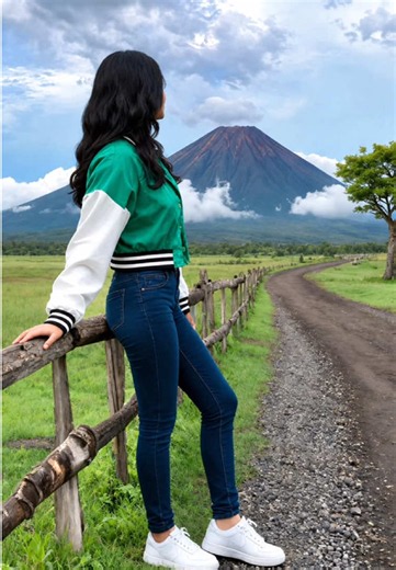 ¿Quieres crear esta hermosa foto de paisaje con la montaña al fondo y tu propio look casual? búscalo Mira esta increíble fotografía al aire libre con el volcán, el camino de piedra y el estilo de chamarra verde búscalo No te pierdas este impresionante retrato en el campo con un volcán majestuoso detrás de ti búscalo Descubre cómo hacer este efecto para capturar una foto de viaje con paisaje natural espectacular búscalo Esta foto de estilo aventurero combina ropa casual con un fondo de volcán y n