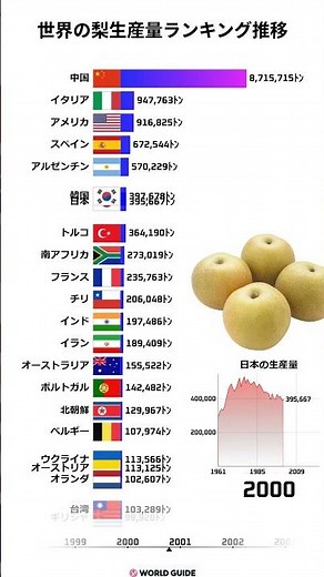 【1961-2023】世界の梨生産量ランキング推移｜バーチャートレースで見る“梨大国”の変遷！ #梨生産量 #バーチャートレース #世界ランキング #農作物統計 #果物生産 #データ可視化 #果樹大国
