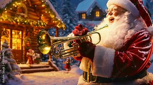 Cheerful good-natured Santa plays the trumpet in honor of the New Year and Christmas