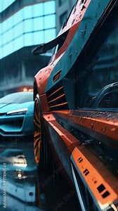 Dystopian Supercar Roaming a Futuristic City: Rain-Soaked Streets, Post-Apocalyptic Blade Scenery