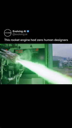 Evolving AI on Instagram: "This rocket engine wasn't designed by humans, but by AI. It was created using Noyron, a physics based engineering AI built by LEAP 71. Instead of learning from past designs, it uses real physics, thermodynamics, and manufacturing rules to generate engines directly from requirements. The aerospike engine was 3D printed as a single copper piece and hot fire tested with liquid oxygen and kerosene. Inside it burns at extreme temperatures, while the outside stays cold enoug