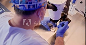 Embryologist Conducting Artificial Fertilization. An embryologist conducts an in vitro fertilization (IVF) procedure in a laboratory, using a microscope and specialized tools to fertilize a human egg.