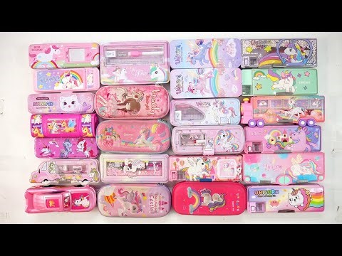 unicorn cute pink stationery collection 😁 geometry,hello kitty,pencil box,sharpener,eraser,pouch