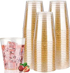Goodluck 10 oz 50 PCS Gold Glitter Plastic Cups, Disposable Glitter Cups | Elegant Plastic Cocktail Glasses, Fancy Party Cups for Wedding, Birthday, Holiday