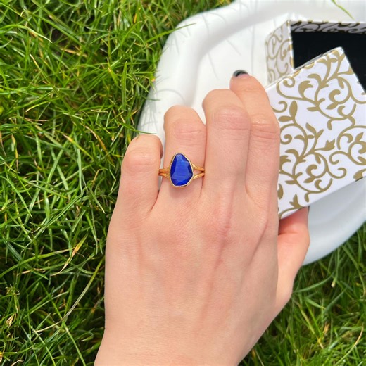 Blue Lace Agate Ring, Lab Sapphire Ring, Emerald Cut Ring,vintage Gold Ring,simple Statement Ring, Valentines Gift, Adjustable Ring,10*14 Mm - Etsy