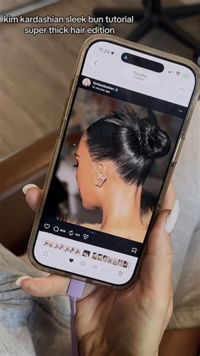 4 comments | Kim Kardashian sleek bun tutorial thick hair edition. My client has extremely thick long hair so we couldn’t give her this exact look but we did something fun ✨ #hairstylist #hairtutorial #sleekbun #updo #updotutorial | House Of Braid | Facebook
