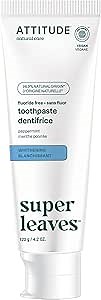 Attitude Fluoride-Free Whitening Toothpaste, Peppermint Flavor, Vegan & Cruelty-Free, Sugar-Free, Plant & Mineral-Based Ingredients, Clean Oral Care, 4.2 Oz