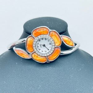 Working! Stainless Steel Flower Bangle Watch With Rhinestones