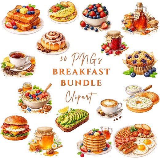 Breakfast Clipart Bundle PNG, 50 Food Elements, Coffee Tea Pancakes Eggs Fruits, Watercolor Food Clipart, Brunch Clipart,restaurant Menu PNG - Etsy
