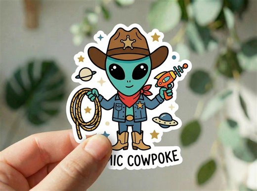 Cosmic Cowpoke Alien Sticker, Space Cowboy Sticker, Funny Alien Cowboy Sticker, Retro Sci-fi Sticker, Waterproof Vinyl Decal - Etsy