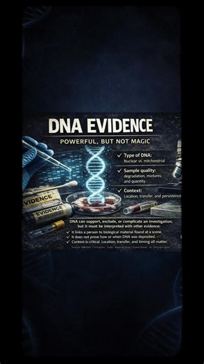 DNA Evidence: Powerful, But Not Magic DNA evidence is one of the most influential tools in forensic science, but it is often misunderstood. In investigations, DNA is used to associate a person with biological material found at a location. It does not automatically prove how, when, or why that DNA was deposited. Forensic scientists must consider: • Type of DNA: nuclear vs. mitochondrial • Sample quality: degradation, mixtures, and quantity • Context: location, transfer, and persistence DNA can su