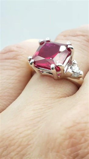 10mm Lab Grown Ruby Princess Cut Three Stone Ring