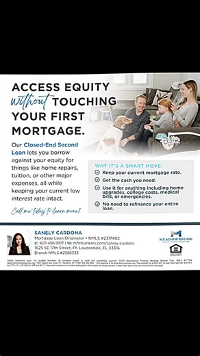 🏡 Need extra cash without refinancing your first mortgage? A Closed-End Second Loan might be the perfect solution! ✅ Access your home’s equity ✅ Fixed rates and predictable payments ✅ Keep your current first mortgage rate Whether it’s for renovations, debt consolidation, or major expenses, let’s explore your options! 📲 DM me to learn more or see if you qualify. #HomeEquity #SecondMortgage #MortgageSolutions #ClosedEndSecondLoan #FinanceSmart #MeadowbrookFinancial