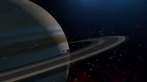 Saturn with rings in space, Camera fly through, Cinematic 3D rendering animation.