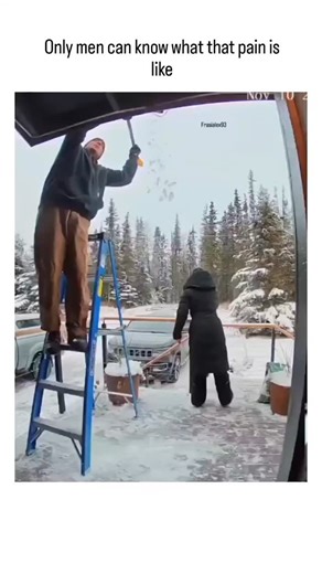 knowledge_verse.. on Instagram: "This X post from humor account @FunnySight features a 16-second video clip of a man shoveling snow from a garage roof on a ladder, who then steps onto a hidden garden rake on the snowy ground, causing it to flip up and strike him in the face, leading to a comedic collapse in pain. The caption "Only men can know what that pain is like" exaggerates the universality of slapstick mishaps for laughs, tapping into gender stereotypes while evoking schadenfreude over rel