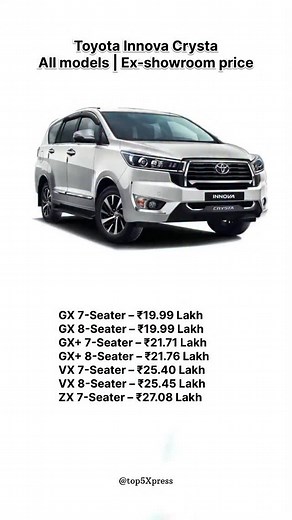 Top 5 Xpress on Instagram: "All-New Toyota Innova Crysta 2025 – Models & Prices Revealed! Which one would you take for a spin? . . . . . . . . #ToyotaInnova #InnovaCrysta #CarReels #CarLovers #Innova2025 #DreamCar #CarUpdates #CarPrice2025 #LuxuryOnWheels #AutoWorld #ViralCars #CarsofIndia #ToyotaLife #InnovaNation #CarGram"