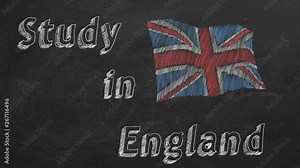 Hand drawing and animated british flag with text "Study in England" on blackboard. Stop motion animation.