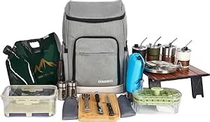 Picnic Backpack Set with Fold Table, Water Bag, Cooler Ice Box & Stainless Steel Utensils - Portable Outdoor Camping Gear for Family Picnics & Hiking (Gray, A-4 Person)