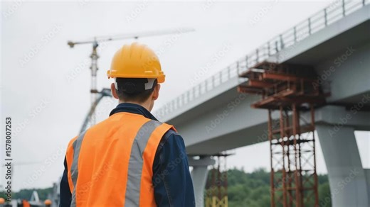 Male construction worker looking over bridge expansion project and road building site footage.