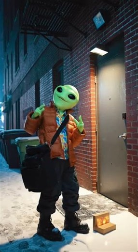 Friendly Alien Delivers a Galactic Package in a Snowy City Alley