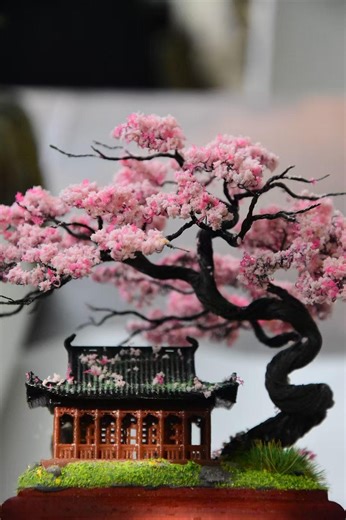 Handmade Wire Cherry Blossom Bonsai Miniature With Chinese Pavilion Art - Etsy UK
