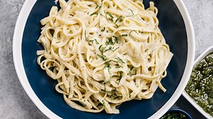 Creamy Pesto Sauce over Fettuccine Pasta