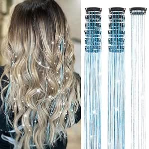 Ubeleco Hair Tinsel 12Pcs Sky Blue Clip in Hair Tinsel Kit 20.5 Inch Fairy Hair Tinsel Kit for Christmas Tinsel Hair Extensions Accessories for Women Girls (12Pcs, Sky Blue)